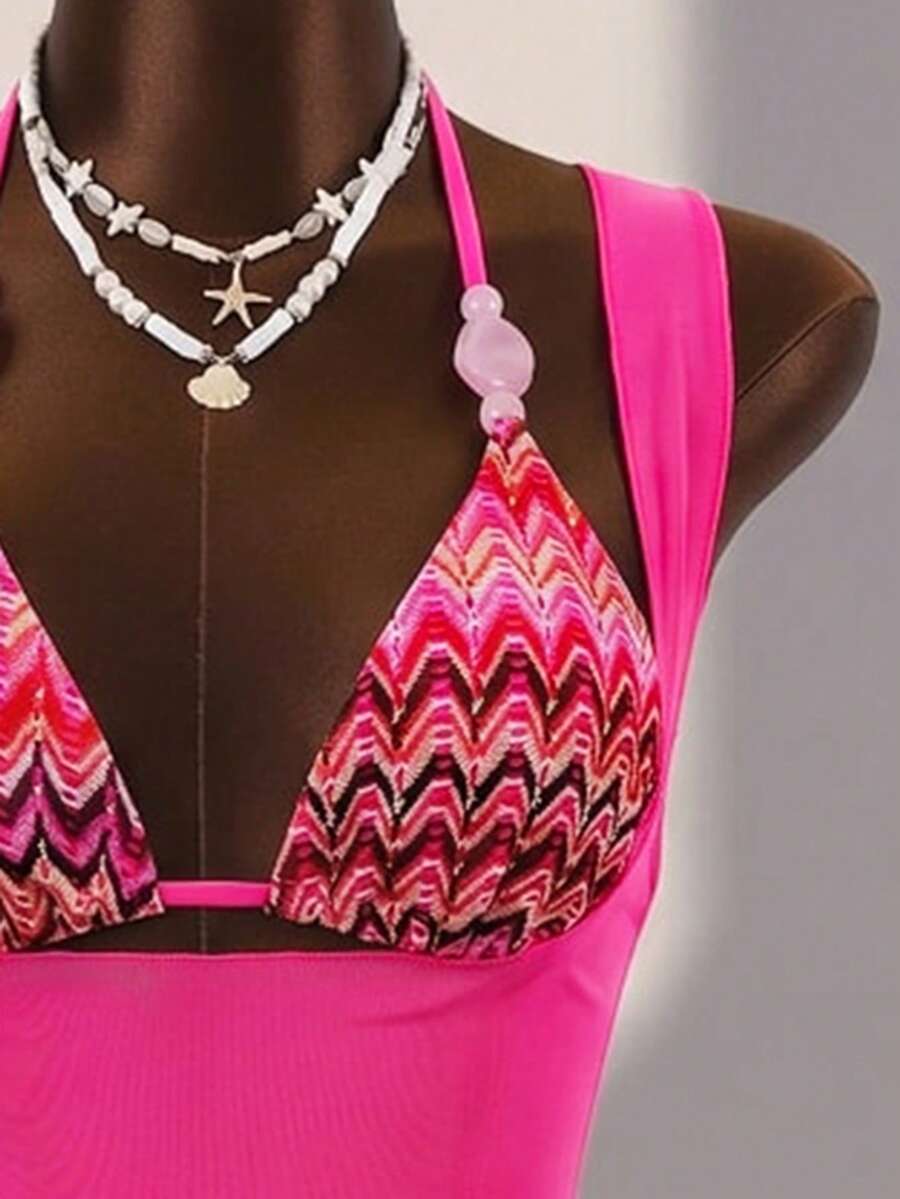Brown striped 3-piece bikini set for women featuring a halter tie neck, wireless triangle cups with removable padding, cut-out details, and low waist tie side bottoms.
