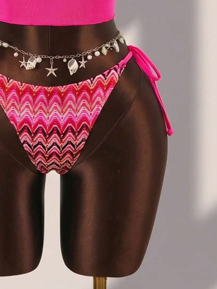 Brown striped 3-piece bikini set for women featuring a halter tie neck, wireless triangle cups with removable padding, cut-out details, and low waist tie side bottoms.