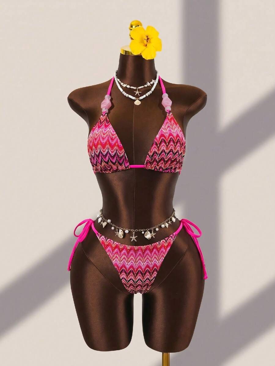 Brown striped 3-piece bikini set for women featuring a halter tie neck, wireless triangle cups with removable padding, cut-out details, and low waist tie side bottoms.