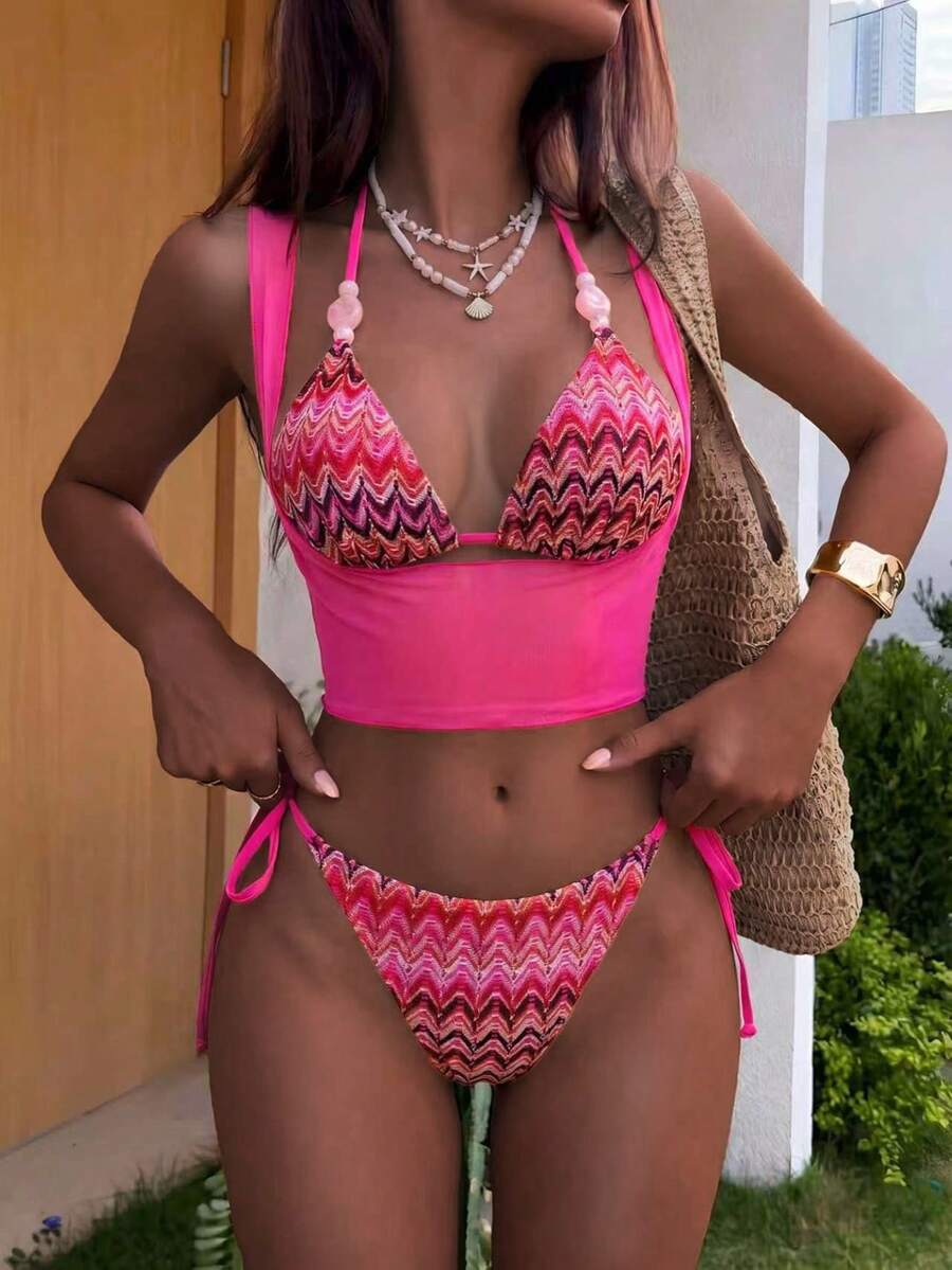 Brown striped 3-piece bikini set for women featuring a halter tie neck, wireless triangle cups with removable padding, cut-out details, and low waist tie side bottoms.