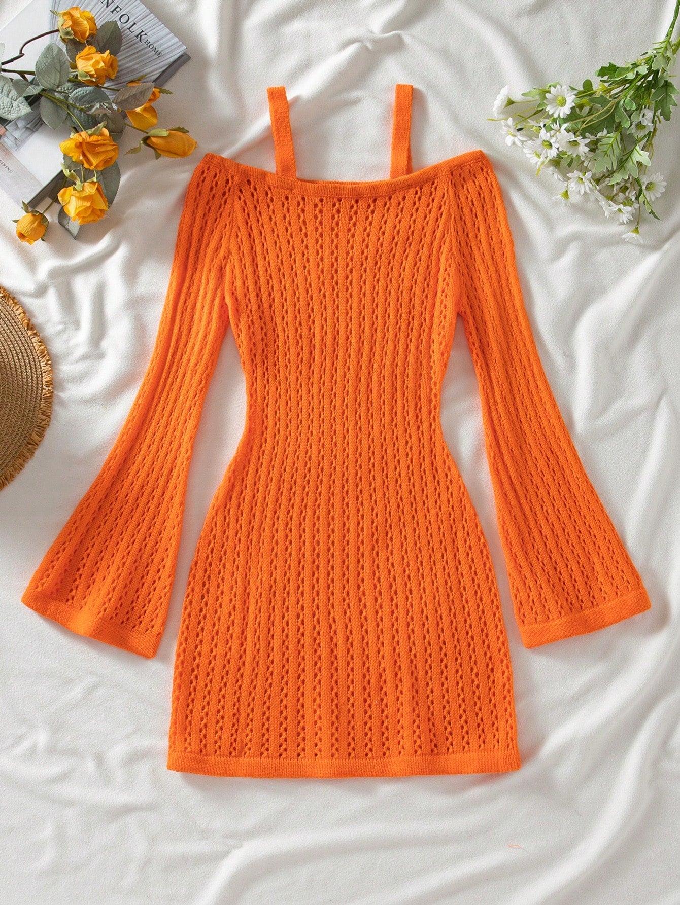 Tween girls off-the-shoulder beach cover-up dress with long sleeves, geometric pattern, and long length, made from 100% polyester fabric for casual swimwear layering.