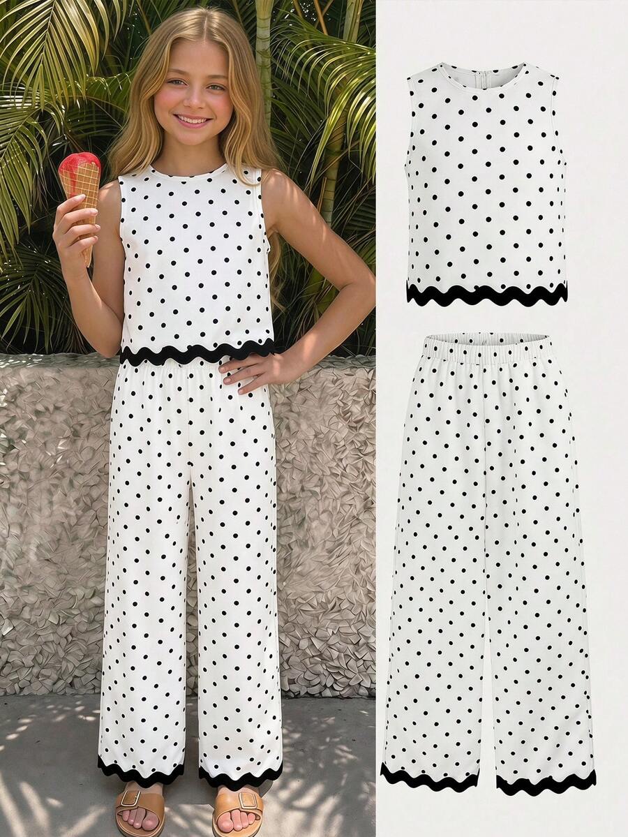 Tween girls casual apricot striped sleeveless top with round neck and ruffle hem paired with matching straight leg pants.