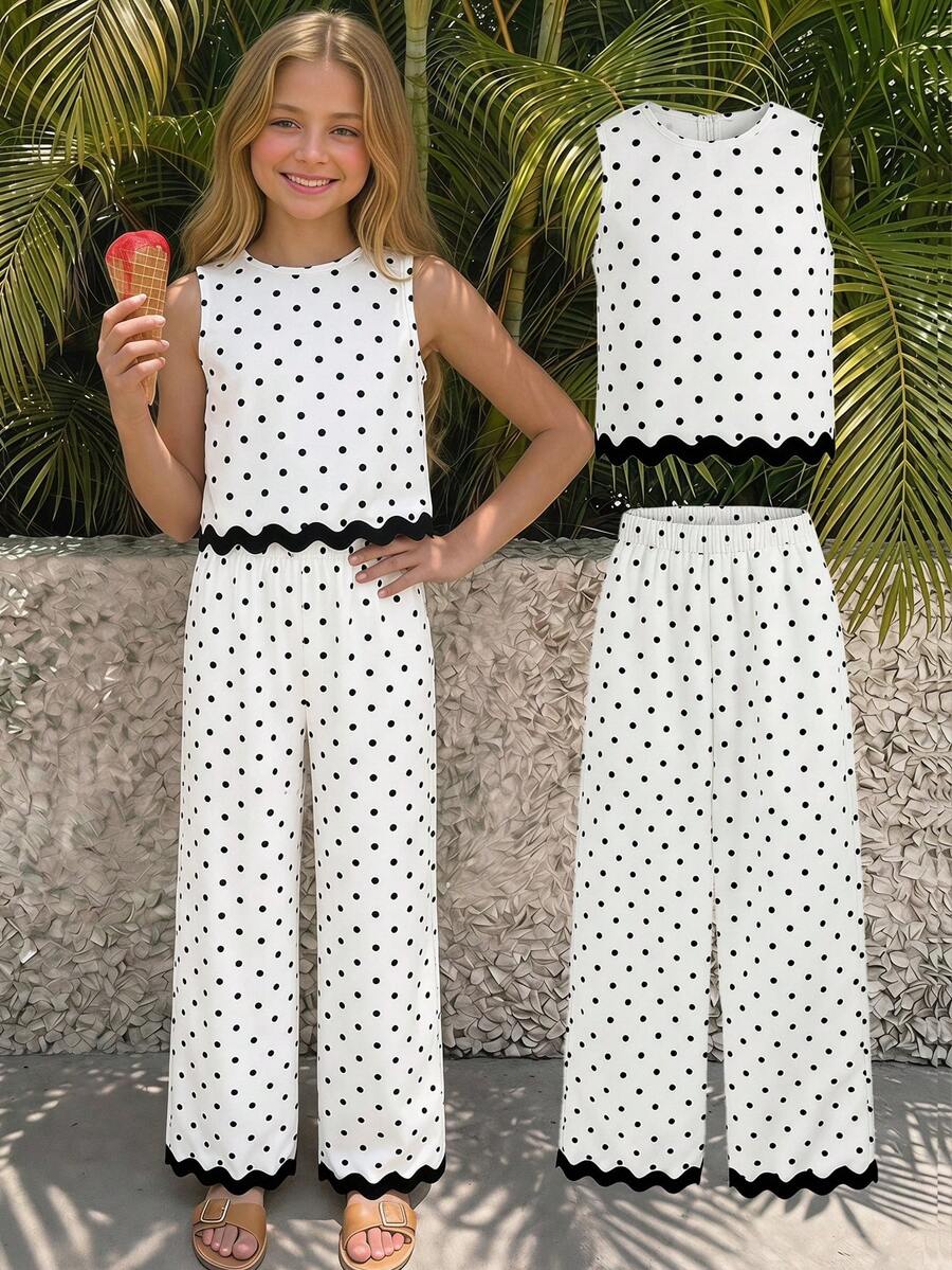 Tween girls casual apricot striped sleeveless top with round neck and ruffle hem paired with matching straight leg pants.