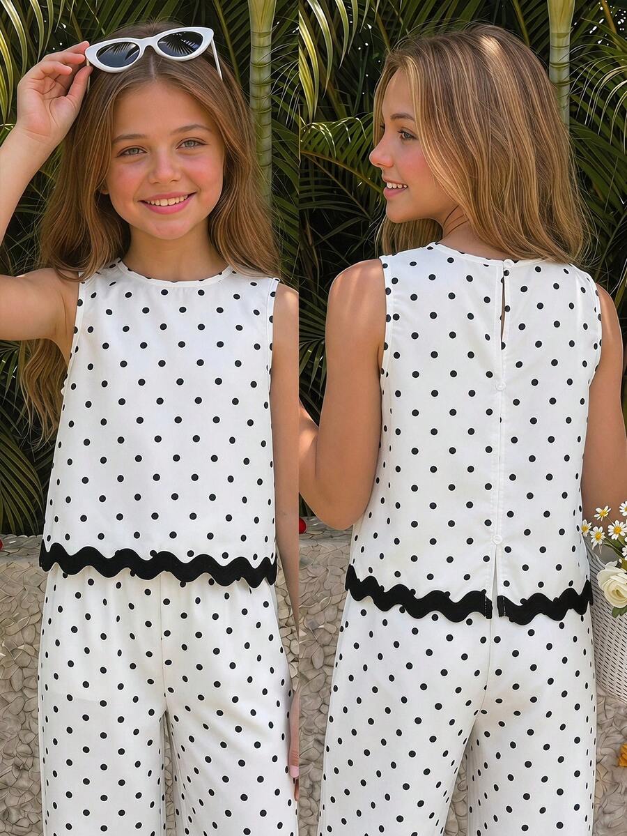 Tween girls casual apricot striped sleeveless top with round neck and ruffle hem paired with matching straight leg pants.