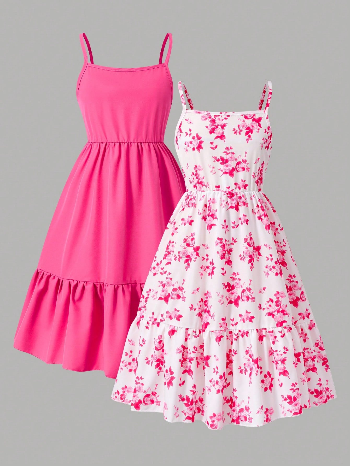 Tween girl blue plant print spaghetti strap cami dress with shirred high waist and flounce ruffled hem