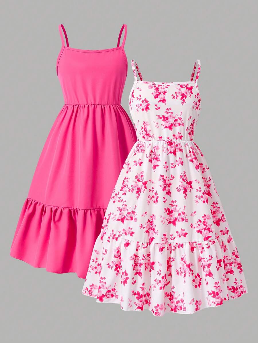 Tween girl blue plant print spaghetti strap cami dress with shirred high waist and flounce ruffled hem