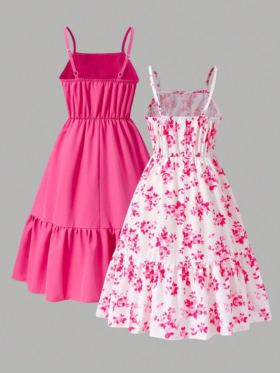 Tween girl blue plant print spaghetti strap cami dress with shirred high waist and flounce ruffled hem