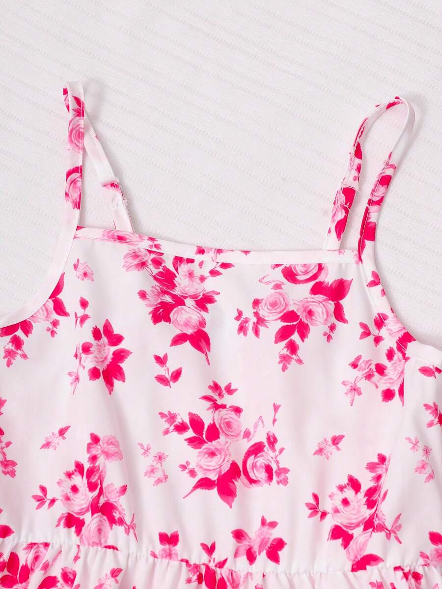 Tween girl blue plant print spaghetti strap cami dress with shirred high waist and flounce ruffled hem