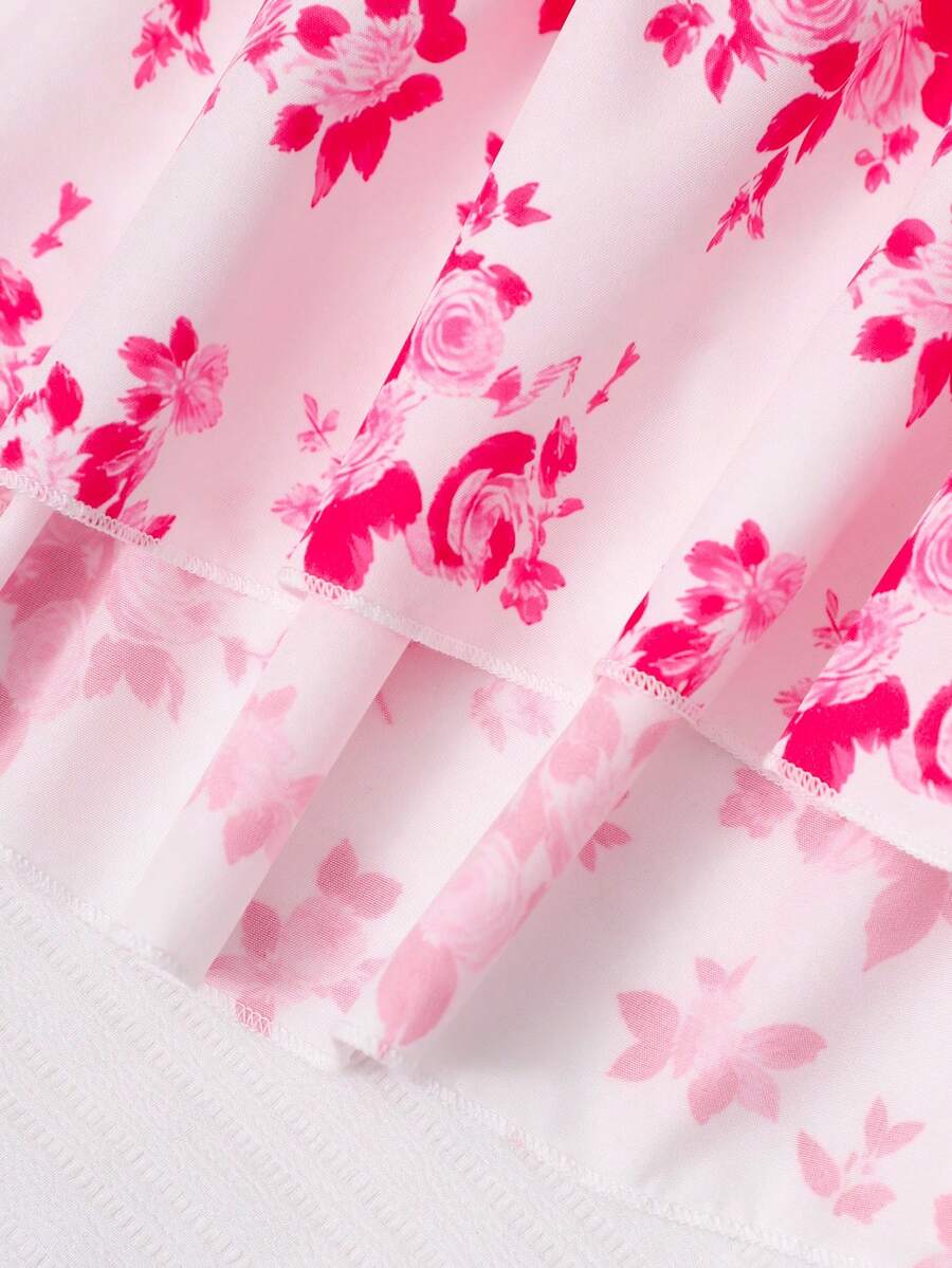 Tween girl blue plant print spaghetti strap cami dress with shirred high waist and flounce ruffled hem