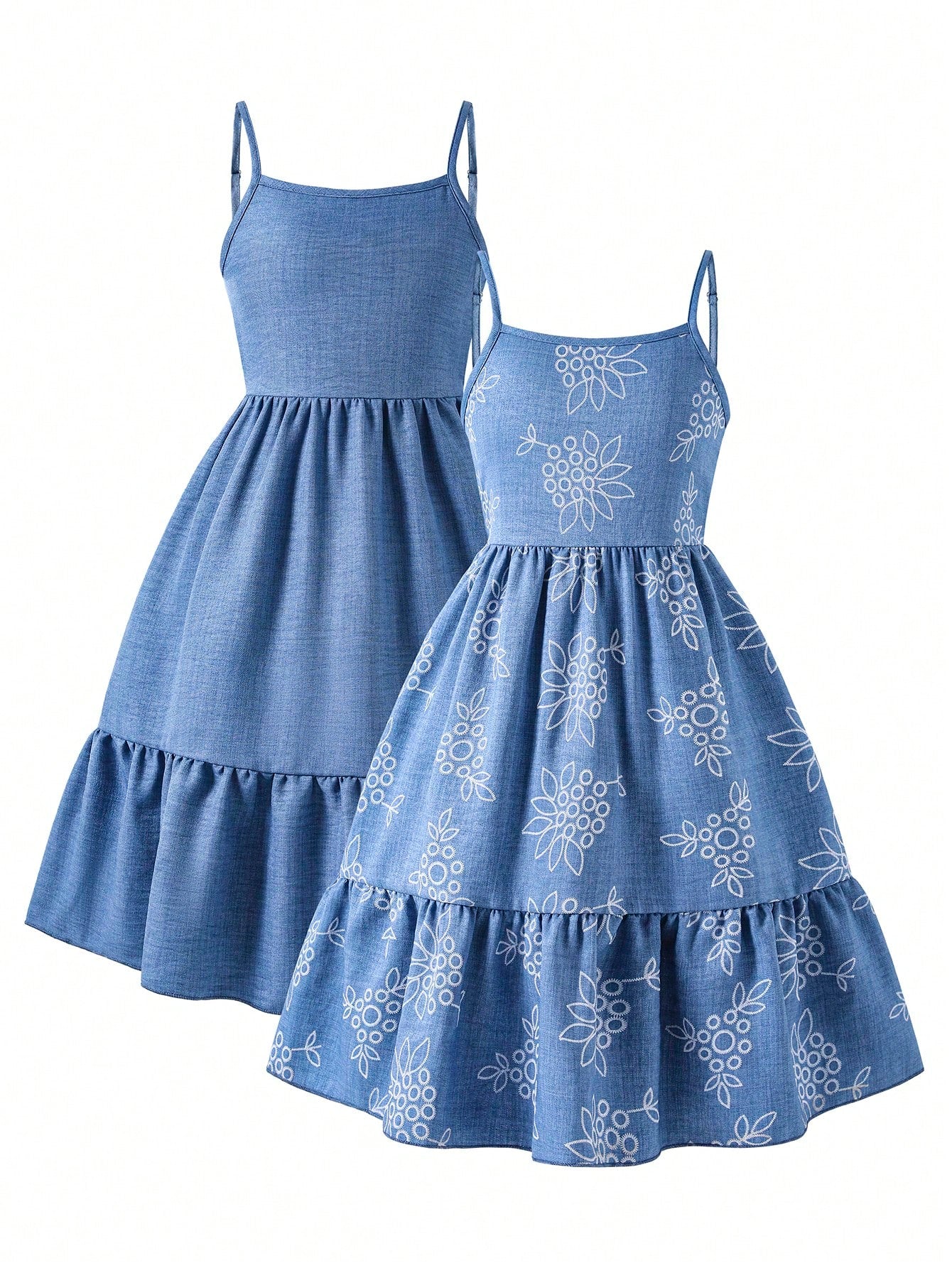 Tween girl blue plant print spaghetti strap cami dress with shirred high waist and flounce ruffled hem