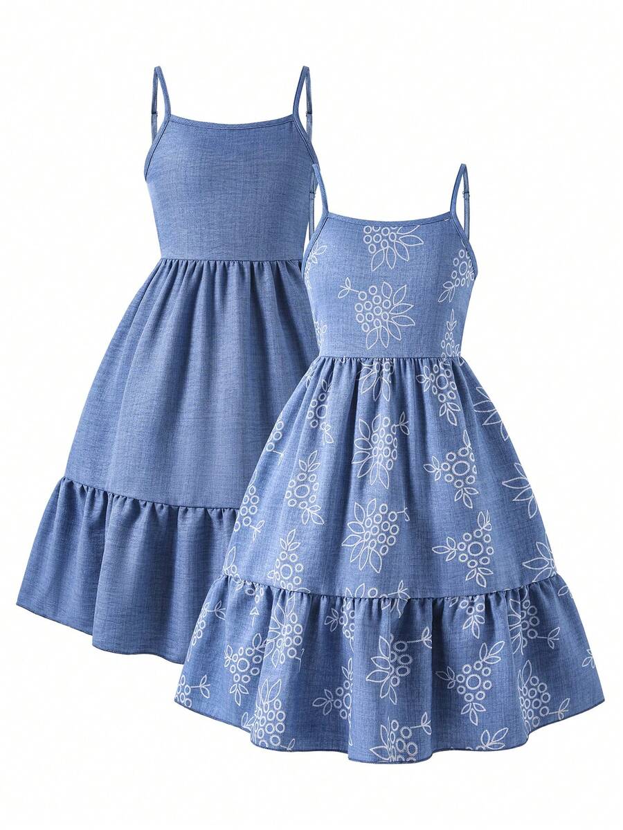 Tween girl blue plant print spaghetti strap cami dress with shirred high waist and flounce ruffled hem