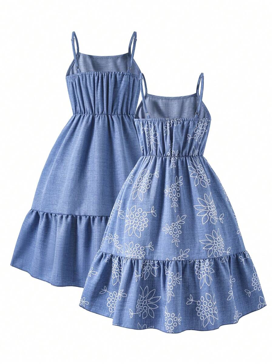 Tween girl blue plant print spaghetti strap cami dress with shirred high waist and flounce ruffled hem
