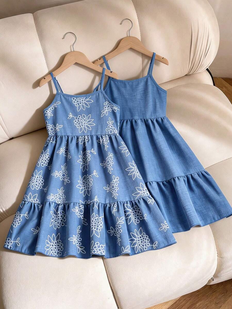 Tween girl blue plant print spaghetti strap cami dress with shirred high waist and flounce ruffled hem