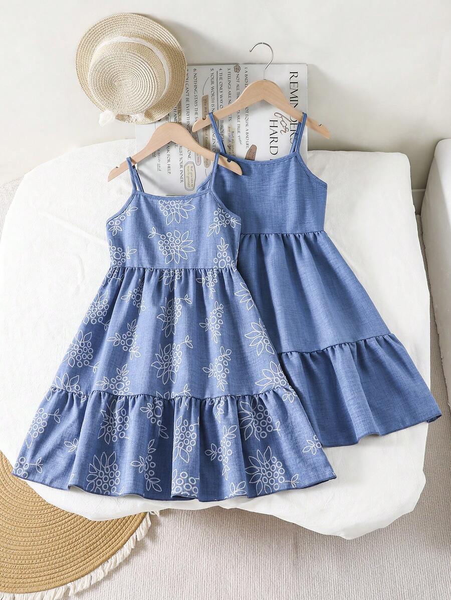 Tween girl blue plant print spaghetti strap cami dress with shirred high waist and flounce ruffled hem