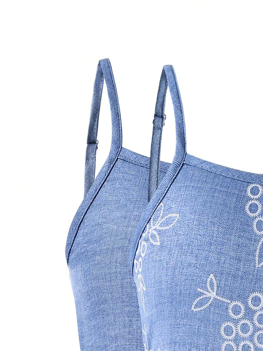 Tween girl blue plant print spaghetti strap cami dress with shirred high waist and flounce ruffled hem