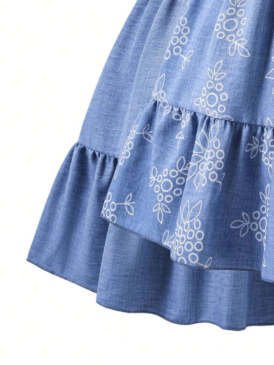 Tween girl blue plant print spaghetti strap cami dress with shirred high waist and flounce ruffled hem