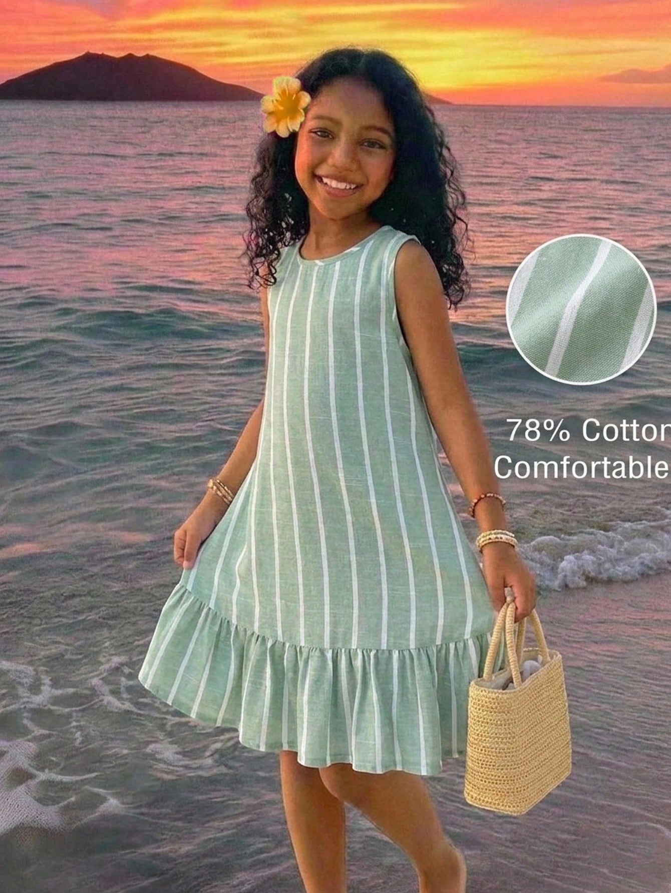 Tween girls blue denim effect sleeveless dress with round neck, button front details, and flounce hem.
