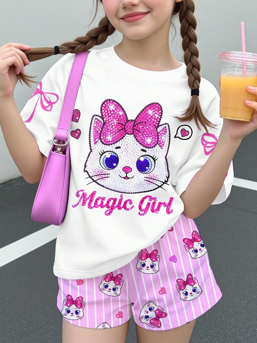 Multicolor heart print short sleeve top and loose shorts 2-piece set for tween girls