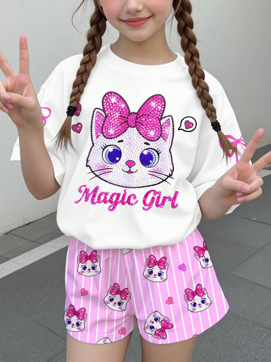 Multicolor heart print short sleeve top and loose shorts 2-piece set for tween girls