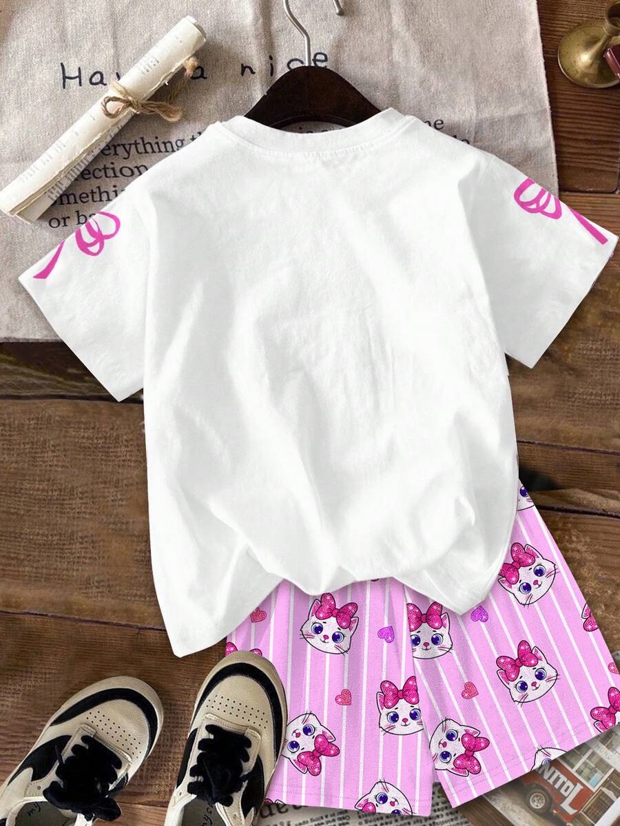 Multicolor heart print short sleeve top and loose shorts 2-piece set for tween girls