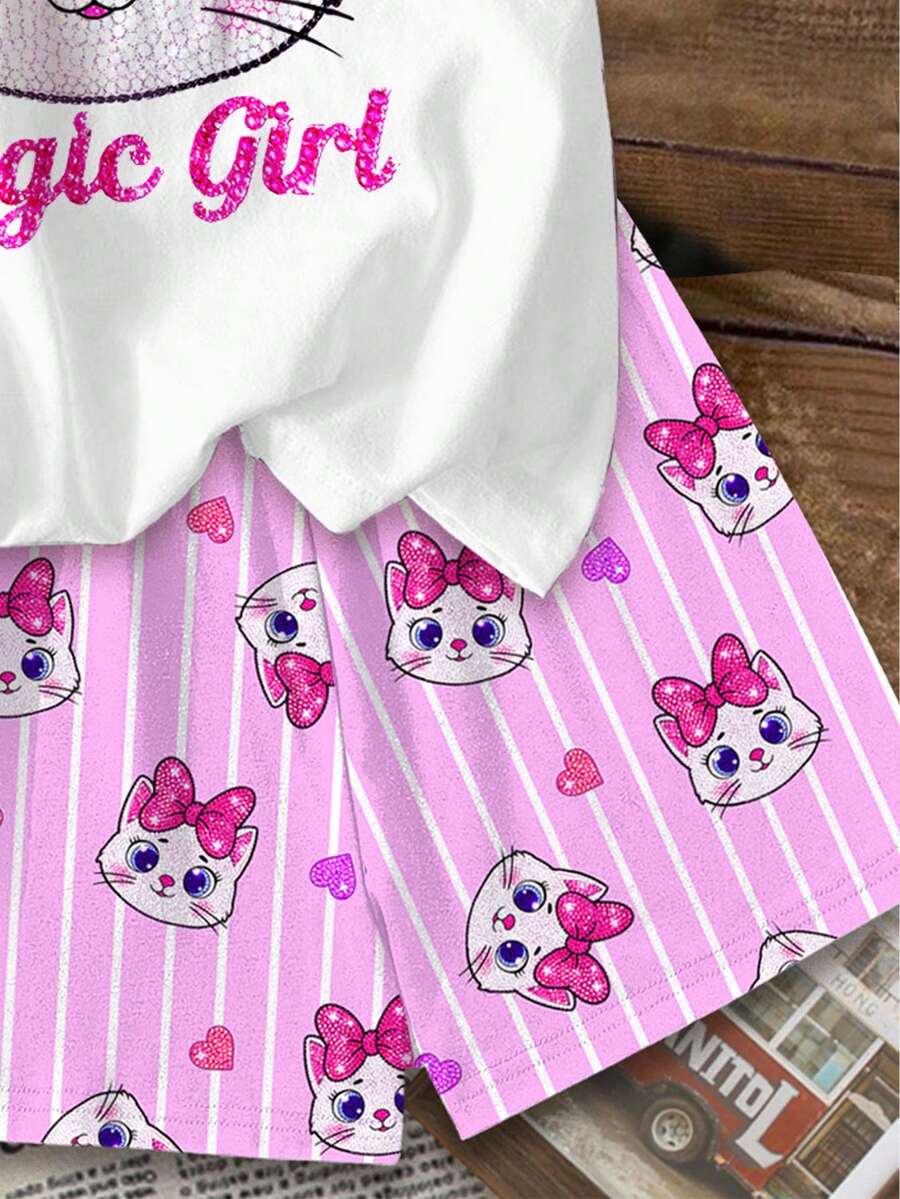 Multicolor heart print short sleeve top and loose shorts 2-piece set for tween girls