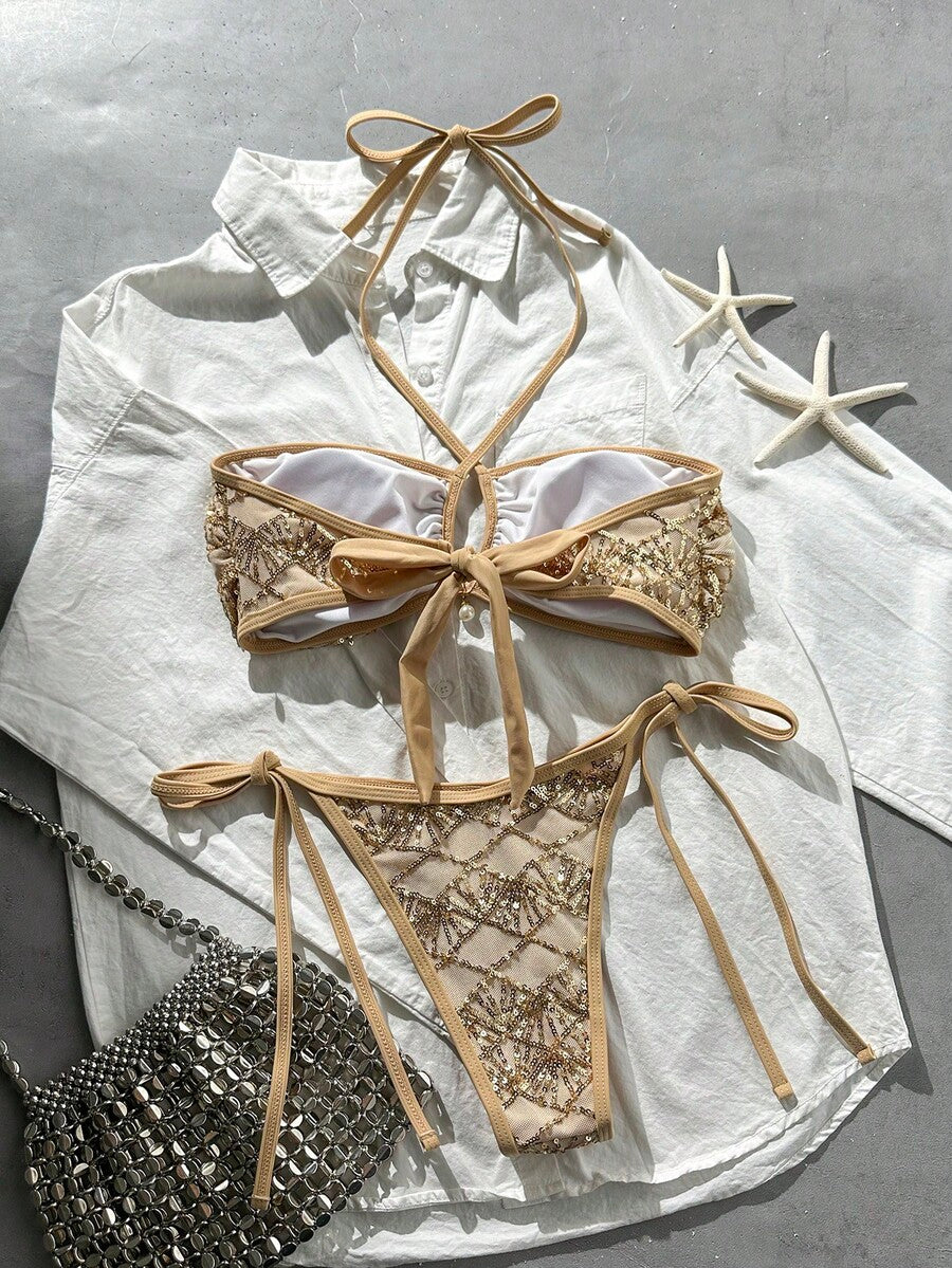 Black 2-piece snakeskin textured halter bikini set for women featuring high waist tie side bottoms and triangle cups.