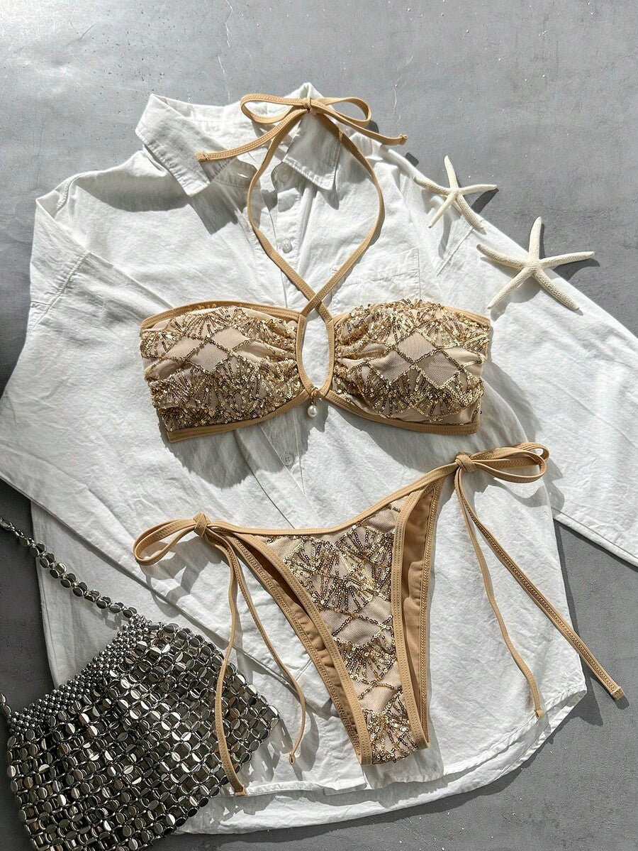 Black 2-piece snakeskin textured halter bikini set for women featuring high waist tie side bottoms and triangle cups.