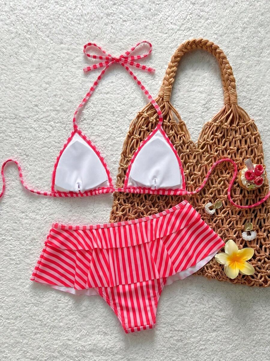 Women's ruffled halter two-piece bikini set with low waist bottoms and wireless triangle cups.