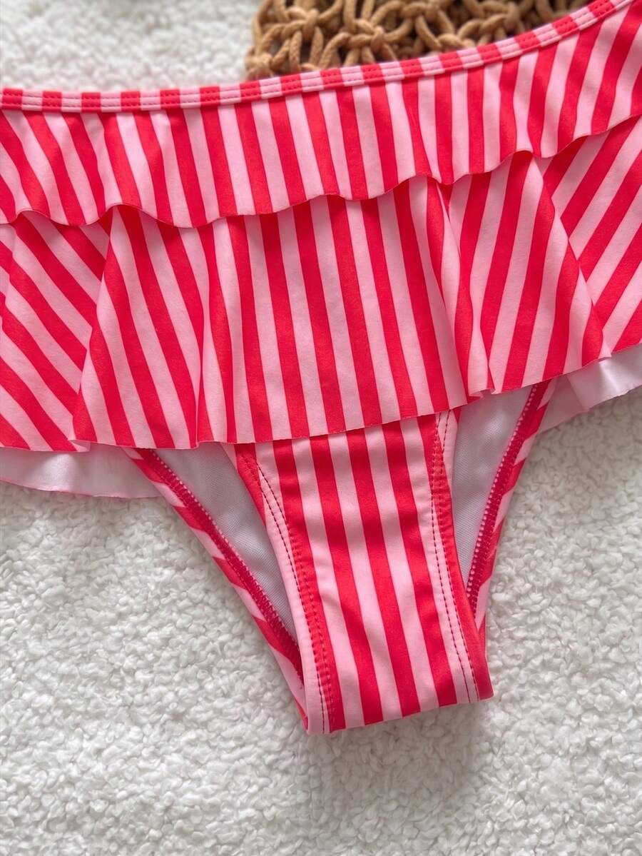 Women's ruffled halter two-piece bikini set with low waist bottoms and wireless triangle cups.