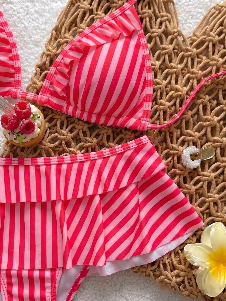Women's ruffled halter two-piece bikini set with low waist bottoms and wireless triangle cups.
