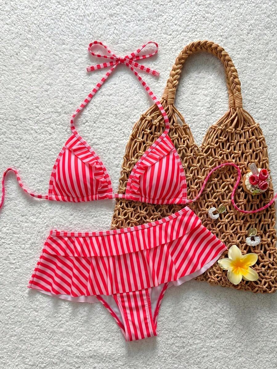 Women's ruffled halter two-piece bikini set with low waist bottoms and wireless triangle cups.