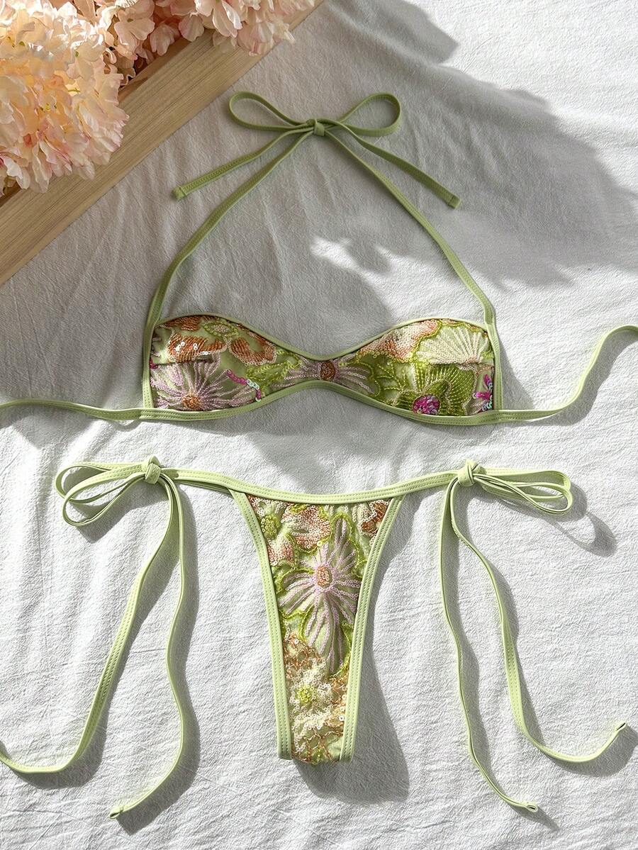 Apricot 2-piece sequin textured halter bikini set featuring a wireless top with lace-up backless ties and matching low-waist side-tie thong bottoms.