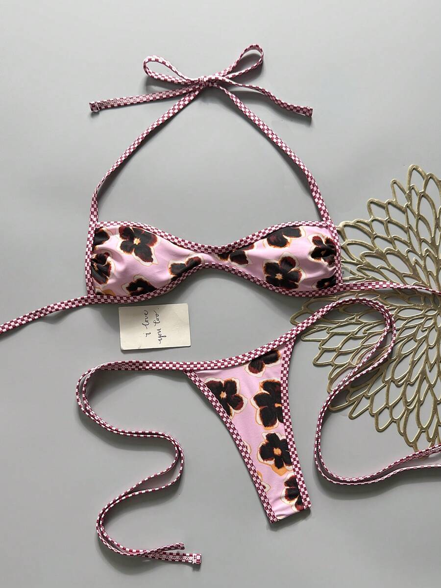 Apricot 2-piece sequin textured halter bikini set featuring a wireless top with lace-up backless ties and matching low-waist side-tie thong bottoms.