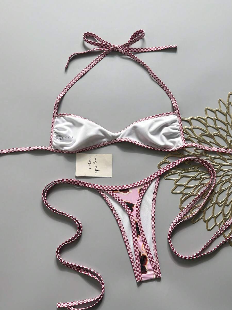 Apricot 2-piece sequin textured halter bikini set featuring a wireless top with lace-up backless ties and matching low-waist side-tie thong bottoms.