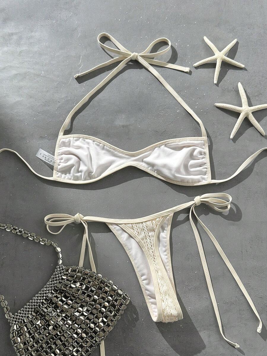 Apricot 2-piece sequin textured halter bikini set featuring a wireless top with lace-up backless ties and matching low-waist side-tie thong bottoms.