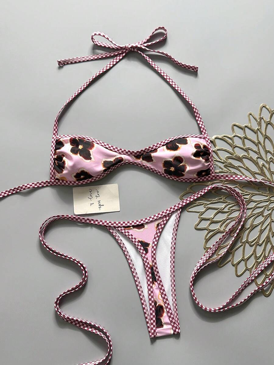 Apricot 2-piece sequin textured halter bikini set featuring a wireless top with lace-up backless ties and matching low-waist side-tie thong bottoms.