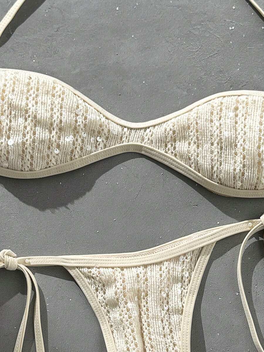 Apricot 2-piece sequin textured halter bikini set featuring a wireless top with lace-up backless ties and matching low-waist side-tie thong bottoms.