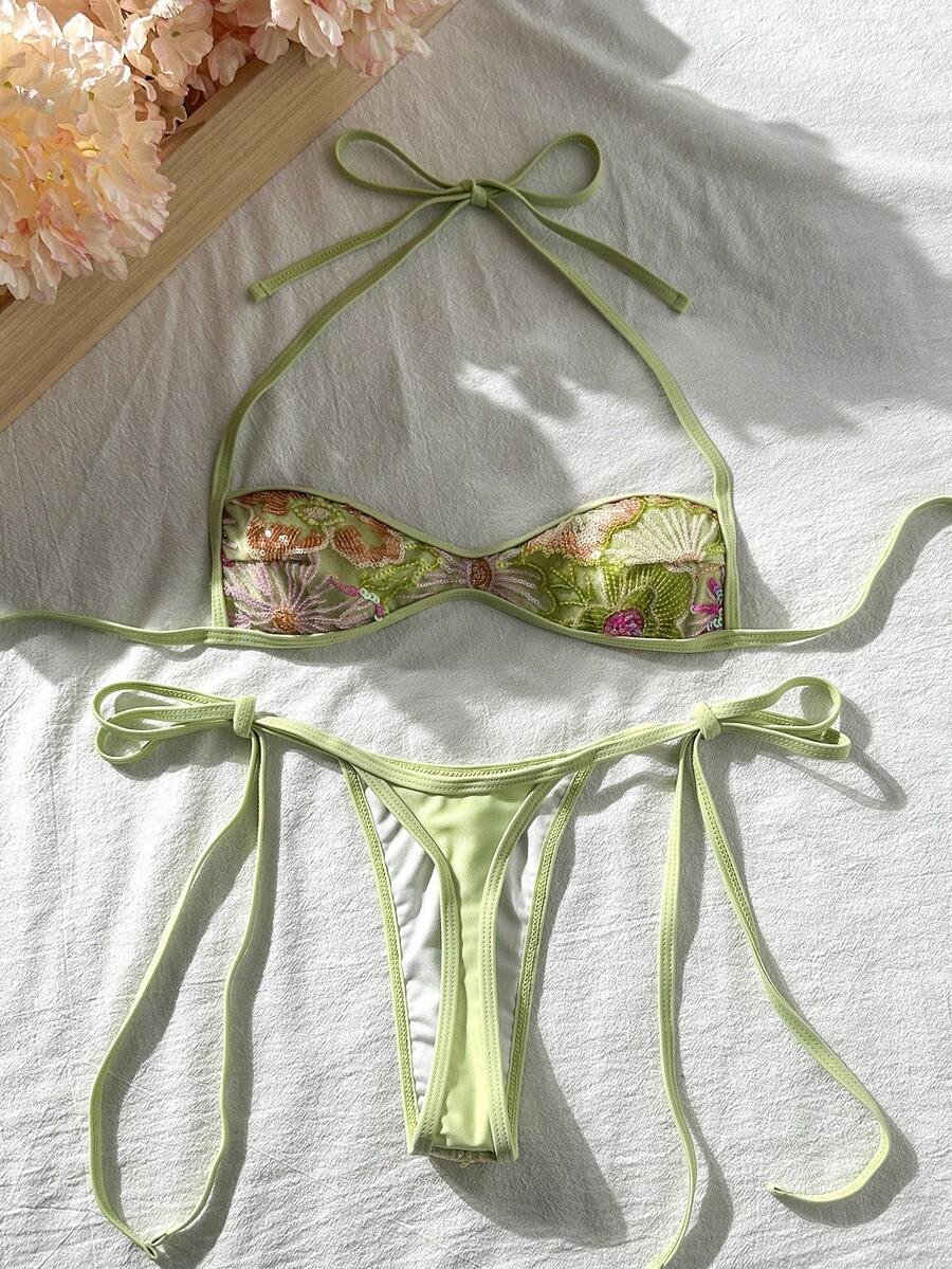 Apricot 2-piece sequin textured halter bikini set featuring a wireless top with lace-up backless ties and matching low-waist side-tie thong bottoms.
