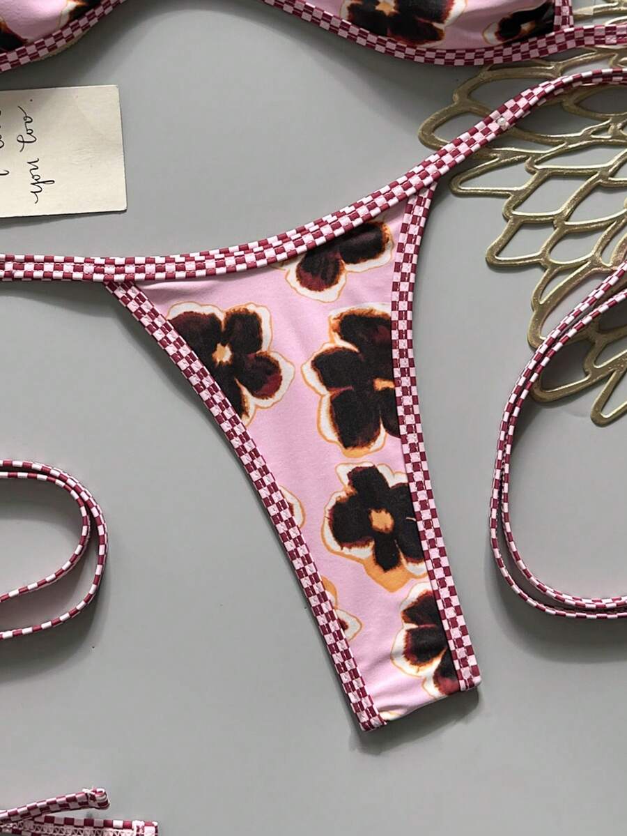 Apricot 2-piece sequin textured halter bikini set featuring a wireless top with lace-up backless ties and matching low-waist side-tie thong bottoms.