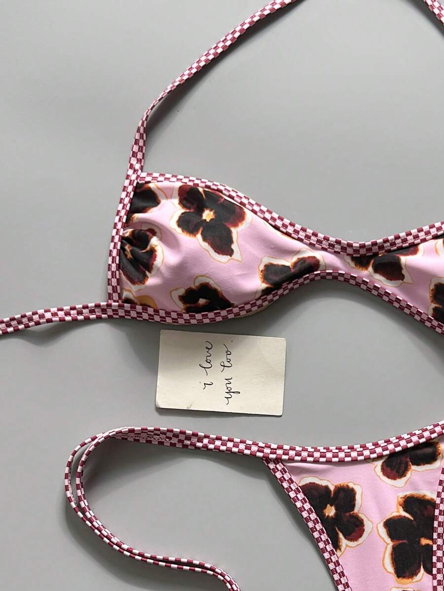 Apricot 2-piece sequin textured halter bikini set featuring a wireless top with lace-up backless ties and matching low-waist side-tie thong bottoms.