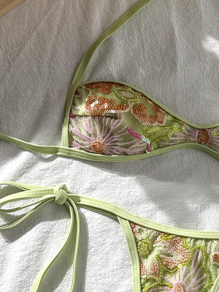 Apricot 2-piece sequin textured halter bikini set featuring a wireless top with lace-up backless ties and matching low-waist side-tie thong bottoms.