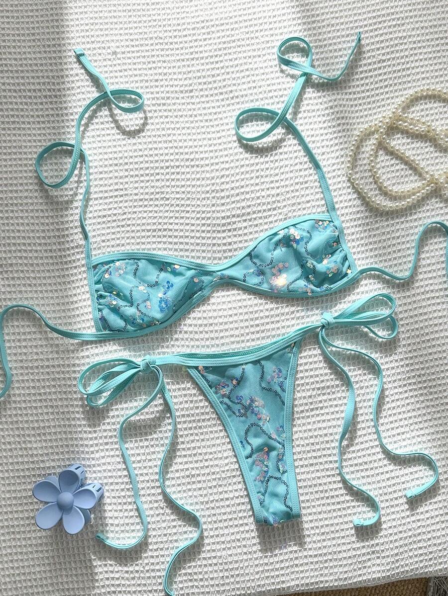 Apricot 2-piece sequin textured halter bikini set featuring a wireless top with lace-up backless ties and matching low-waist side-tie thong bottoms.