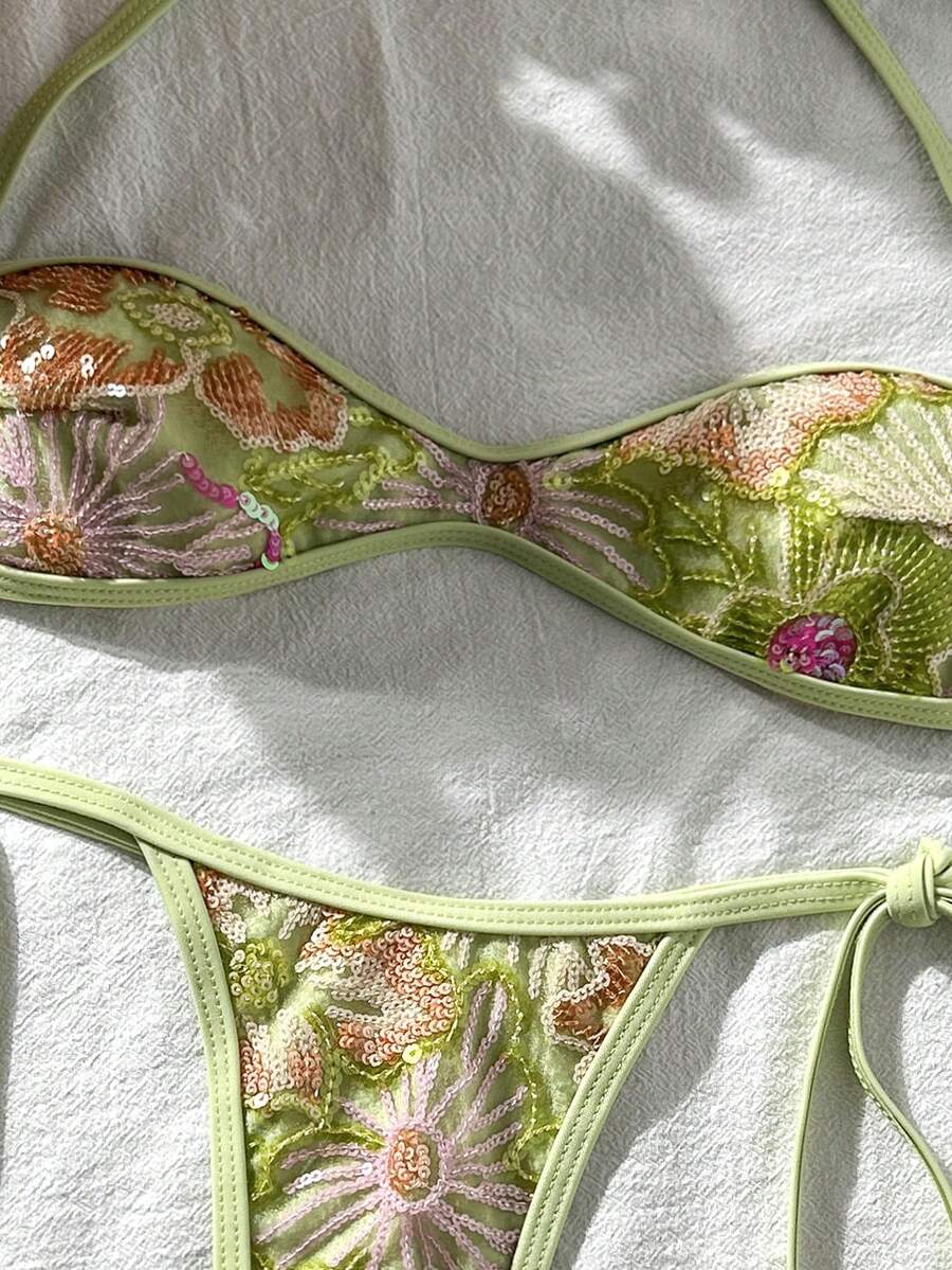 Apricot 2-piece sequin textured halter bikini set featuring a wireless top with lace-up backless ties and matching low-waist side-tie thong bottoms.