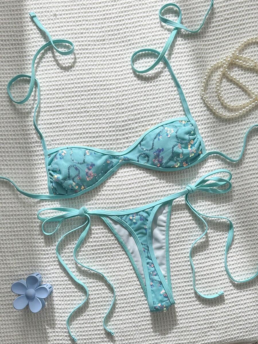 Apricot 2-piece sequin textured halter bikini set featuring a wireless top with lace-up backless ties and matching low-waist side-tie thong bottoms.