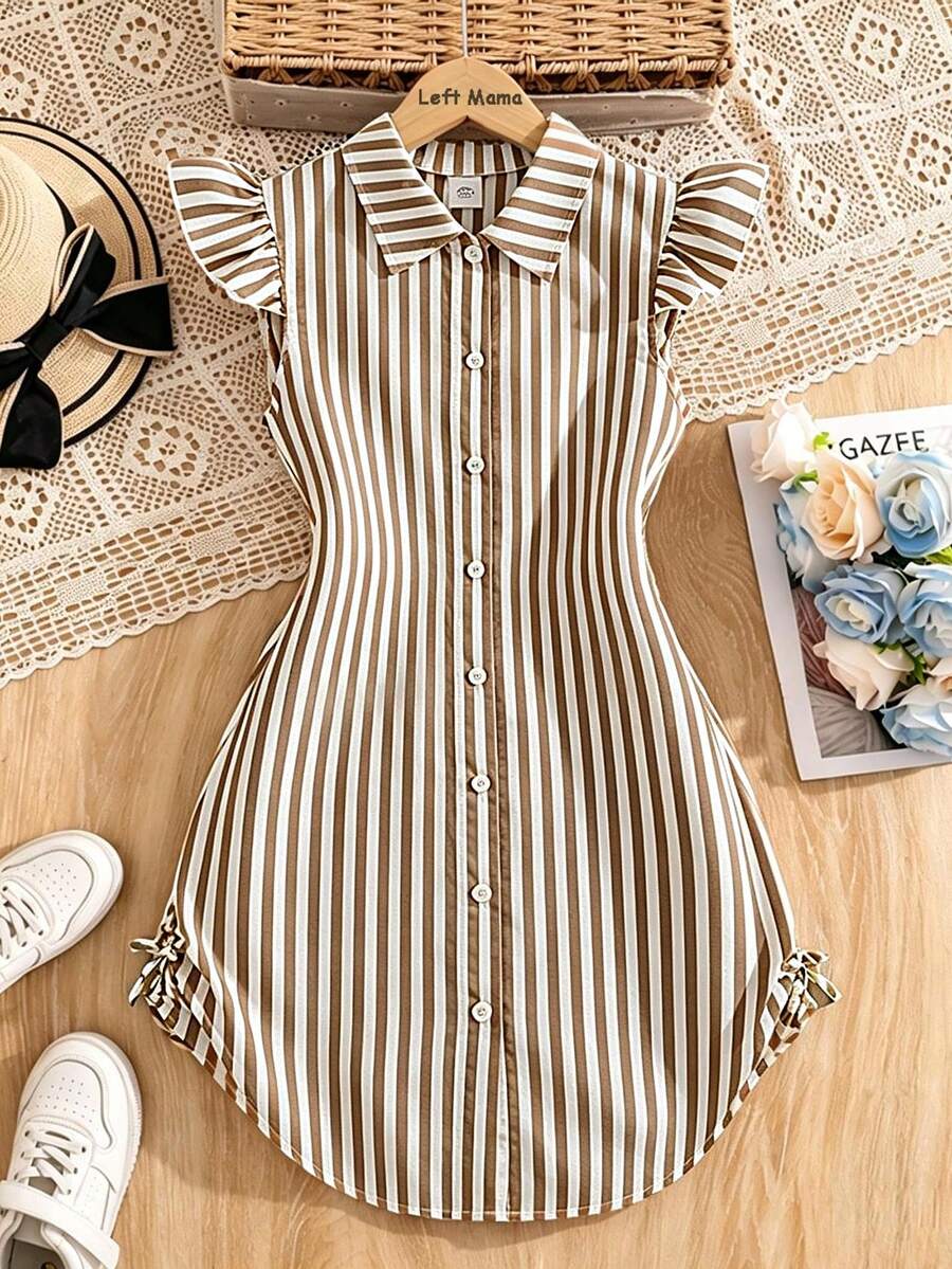 Tween girls blue and white striped casual shirt dress featuring a collared neckline, button front, and flounce sleeves by Left Mama.