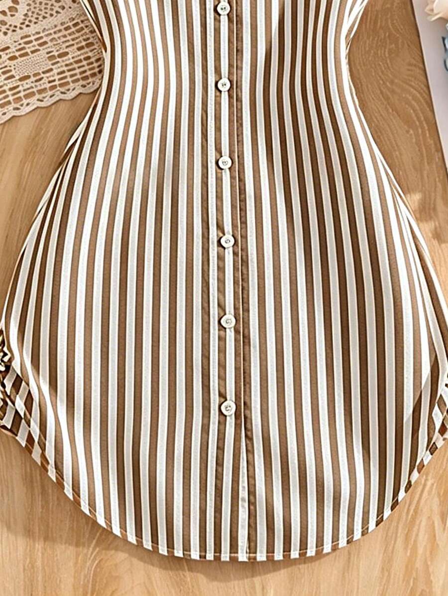 Tween girls blue and white striped casual shirt dress featuring a collared neckline, button front, and flounce sleeves by Left Mama.