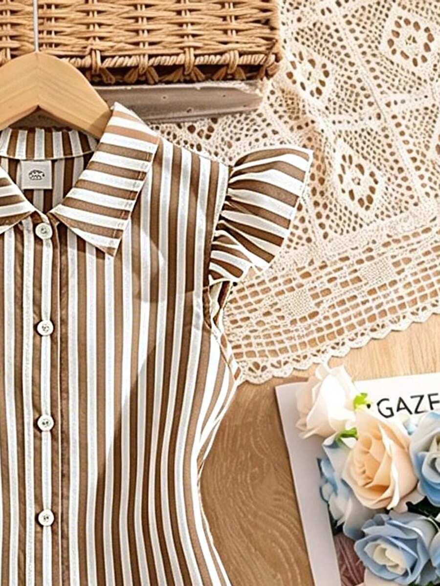Tween girls blue and white striped casual shirt dress featuring a collared neckline, button front, and flounce sleeves by Left Mama.