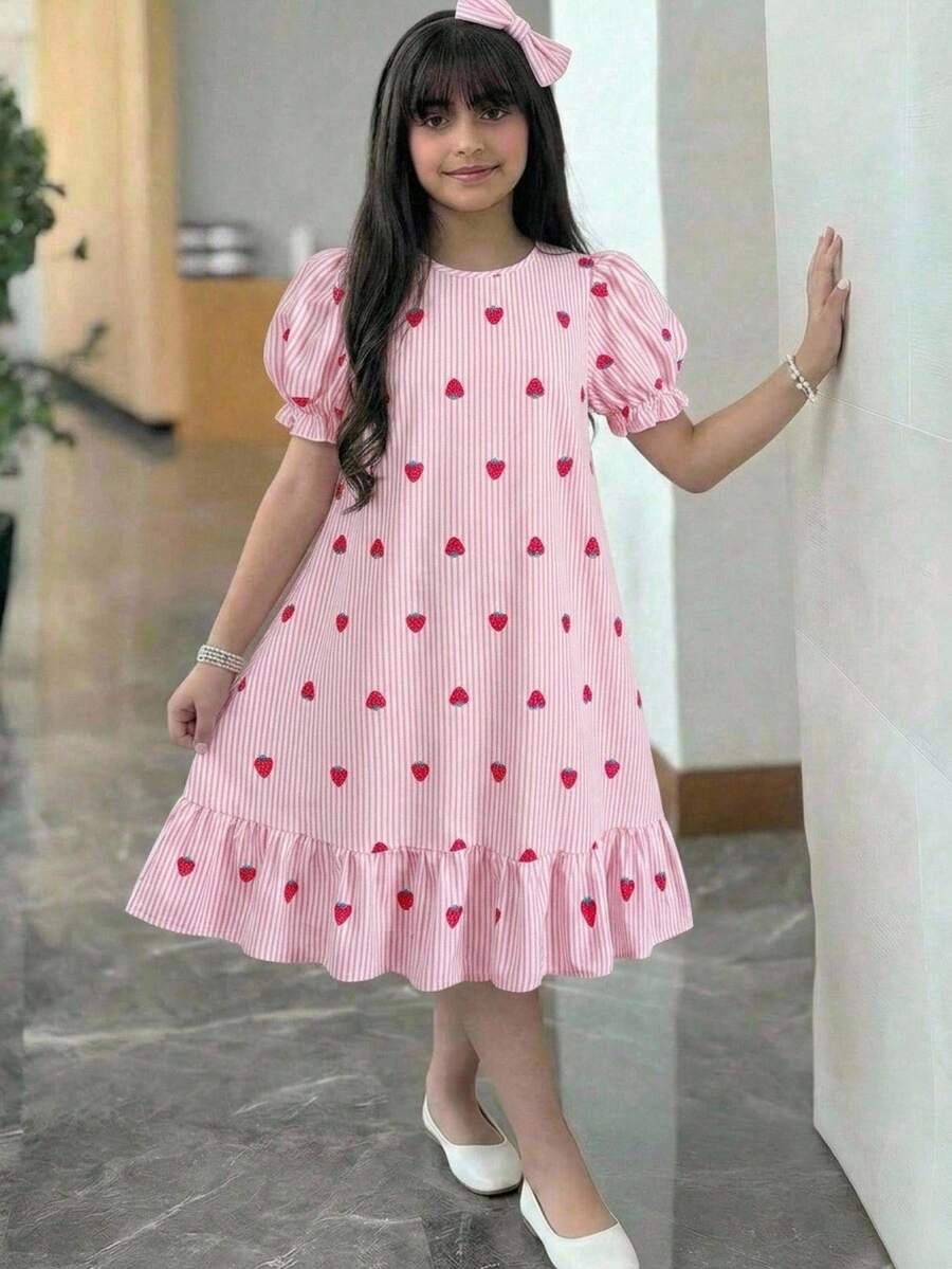 Tween girl blue and white striped A-line casual dress featuring round neck, puff short sleeves, high waist, and flounce ruffle hem.
