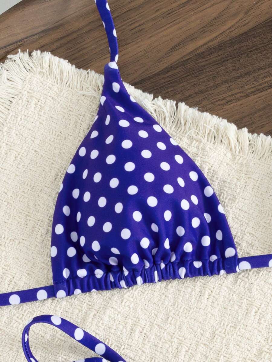 Women's printed halter neck tie two-piece swimwear featuring a wireless triangle top with removable padding and high-waist high-cut bikini bottoms.