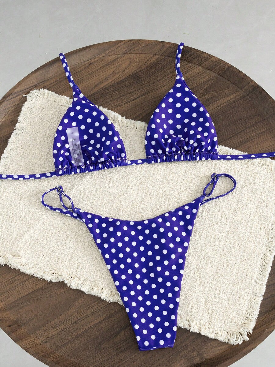 Women's printed halter neck tie two-piece swimwear featuring a wireless triangle top with removable padding and high-waist high-cut bikini bottoms.